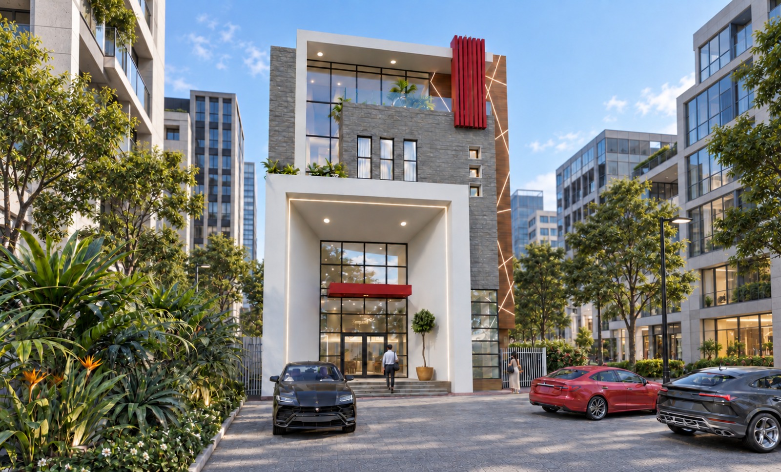 Landscaped commercial office development with a central accented entrance and surrounding office blocks