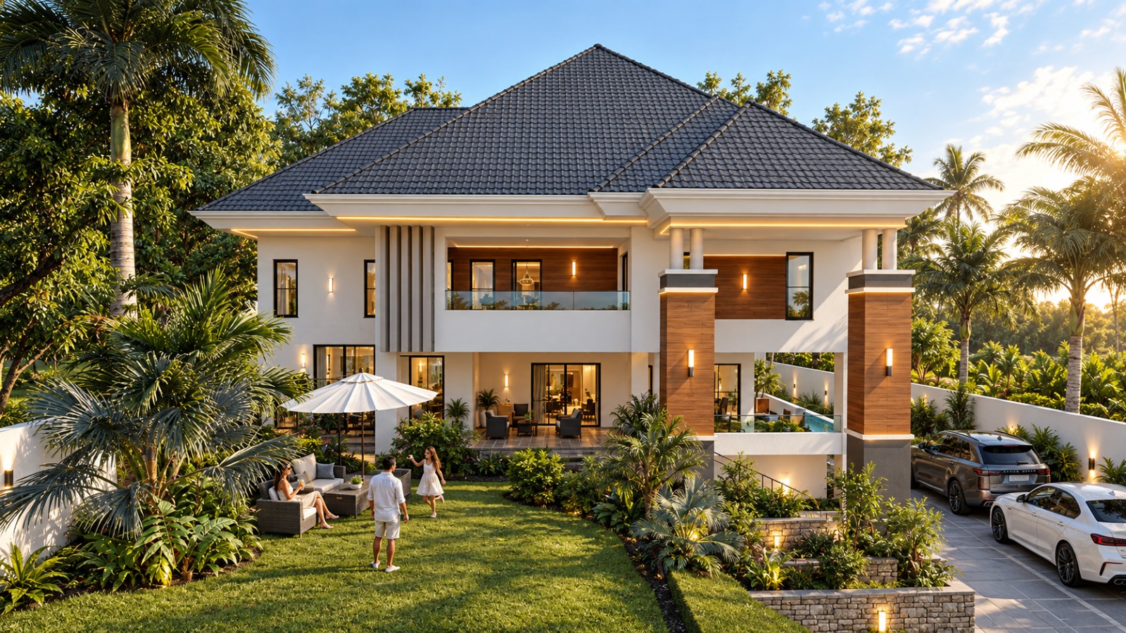 Large tropical private residence with pitched tiled roof, landscaped garden and pool area