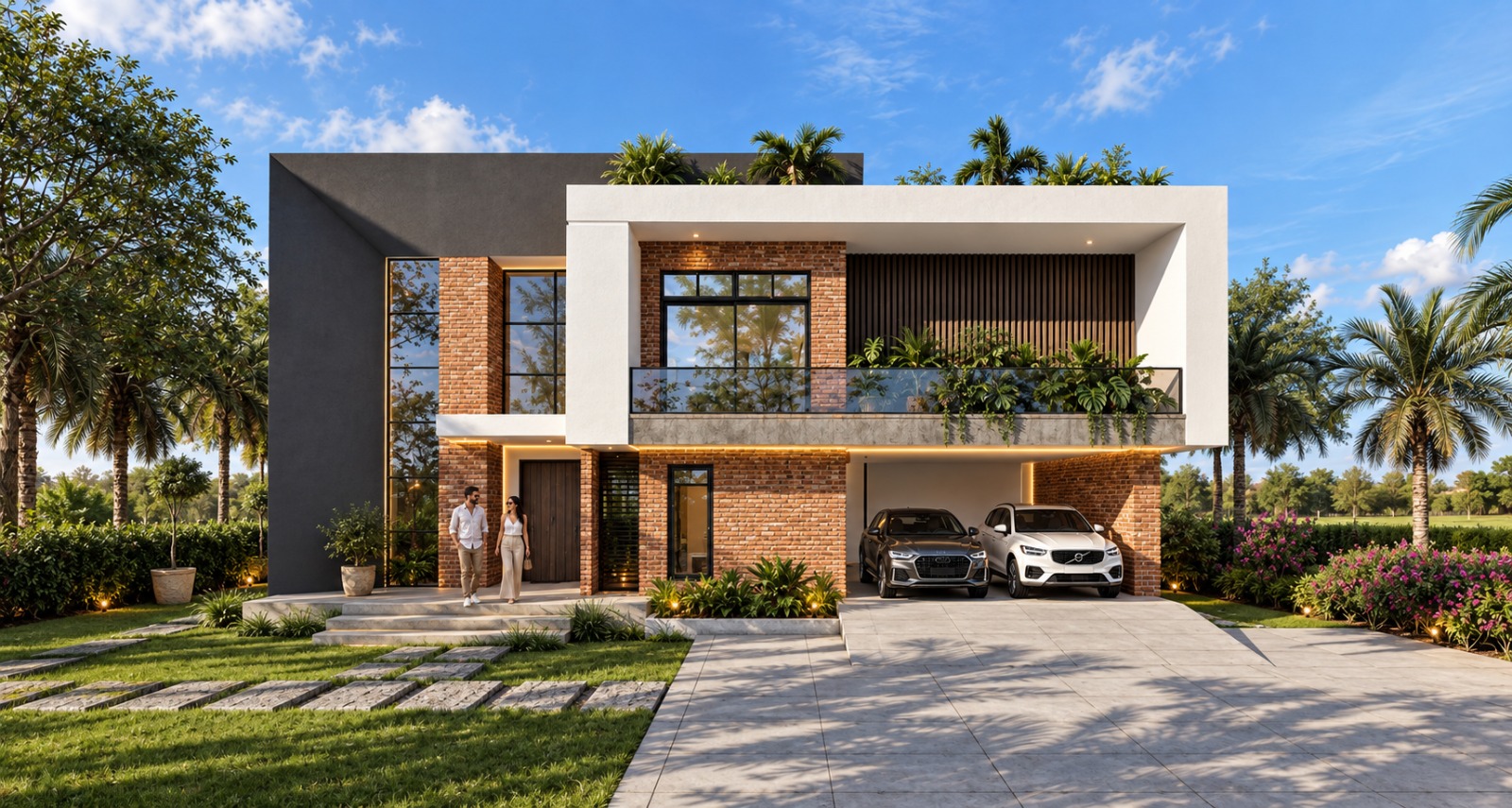 Contemporary two-storey brick and render private residence with lawn and driveway
