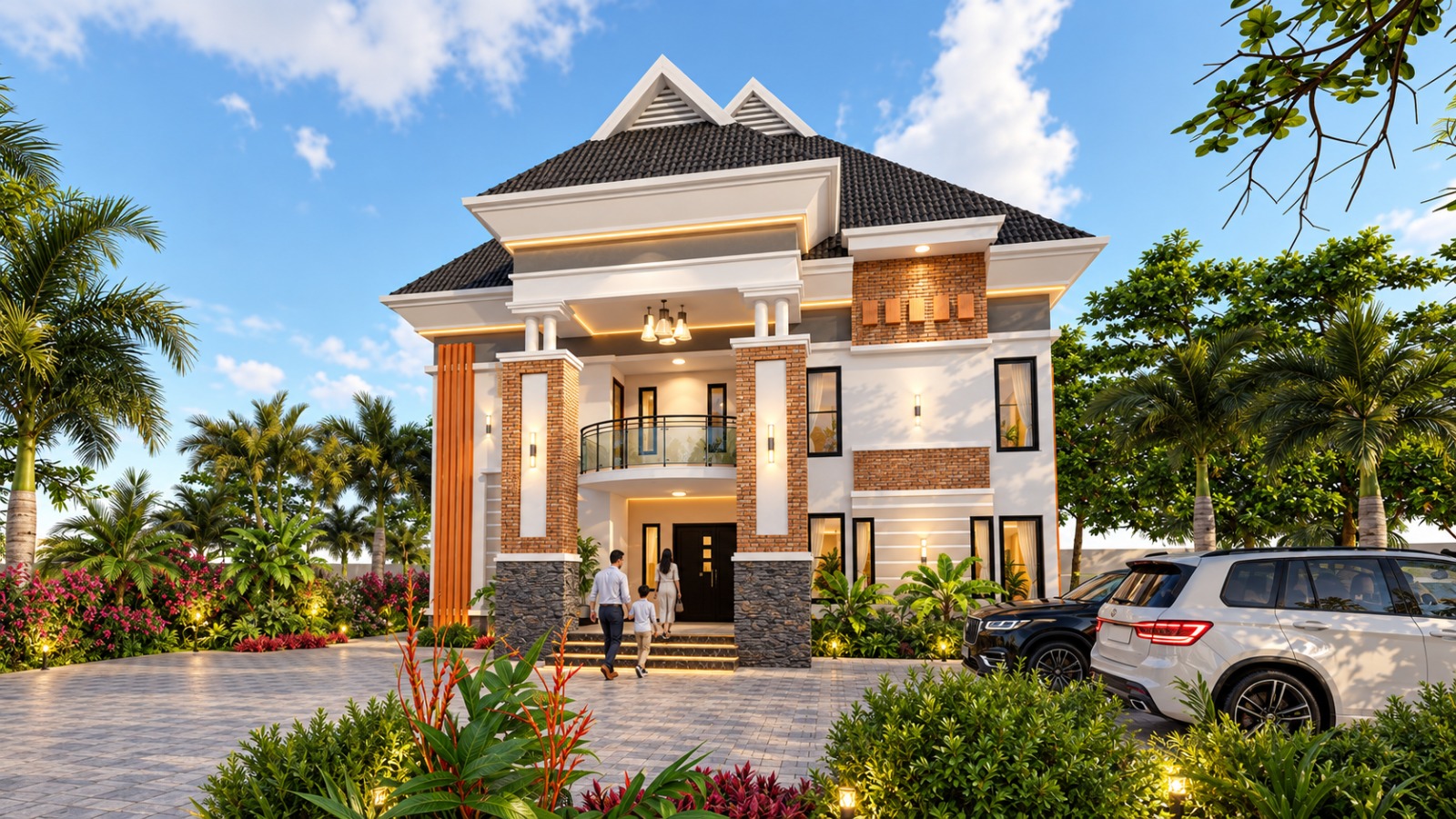 Large tropical private residence with tiled roof, landscaped garden and driveway